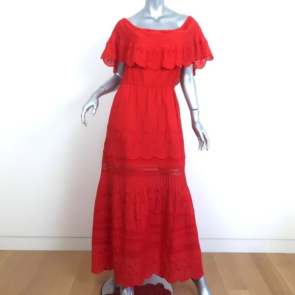 Alice &amp; Olivia Dresses & Skirts - Alice + Olivia Off the Shoulder Maxi Dress Pansy Red Embroidered Cotton Size 8